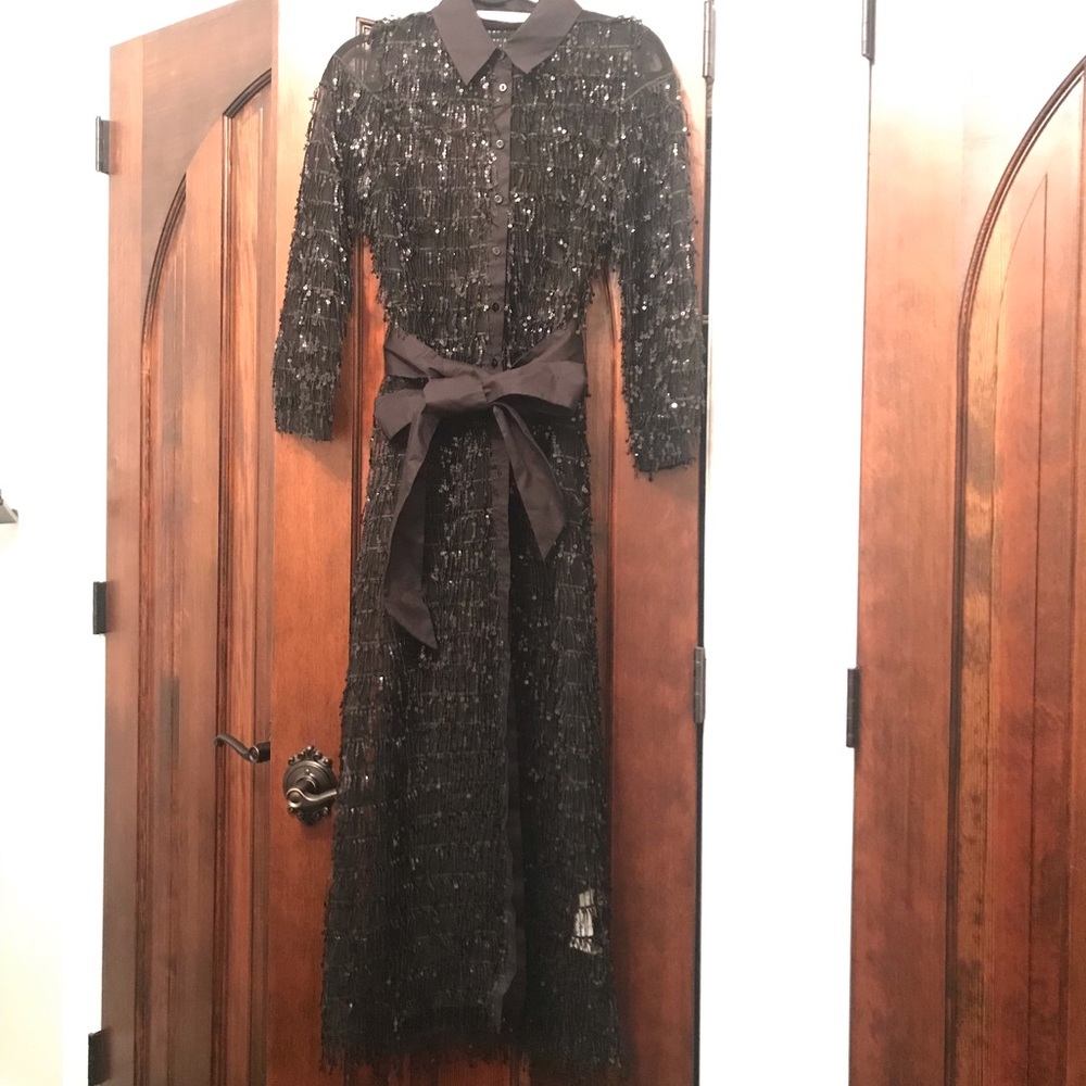 Zara collared fringed sequin button down dress with sash/belt